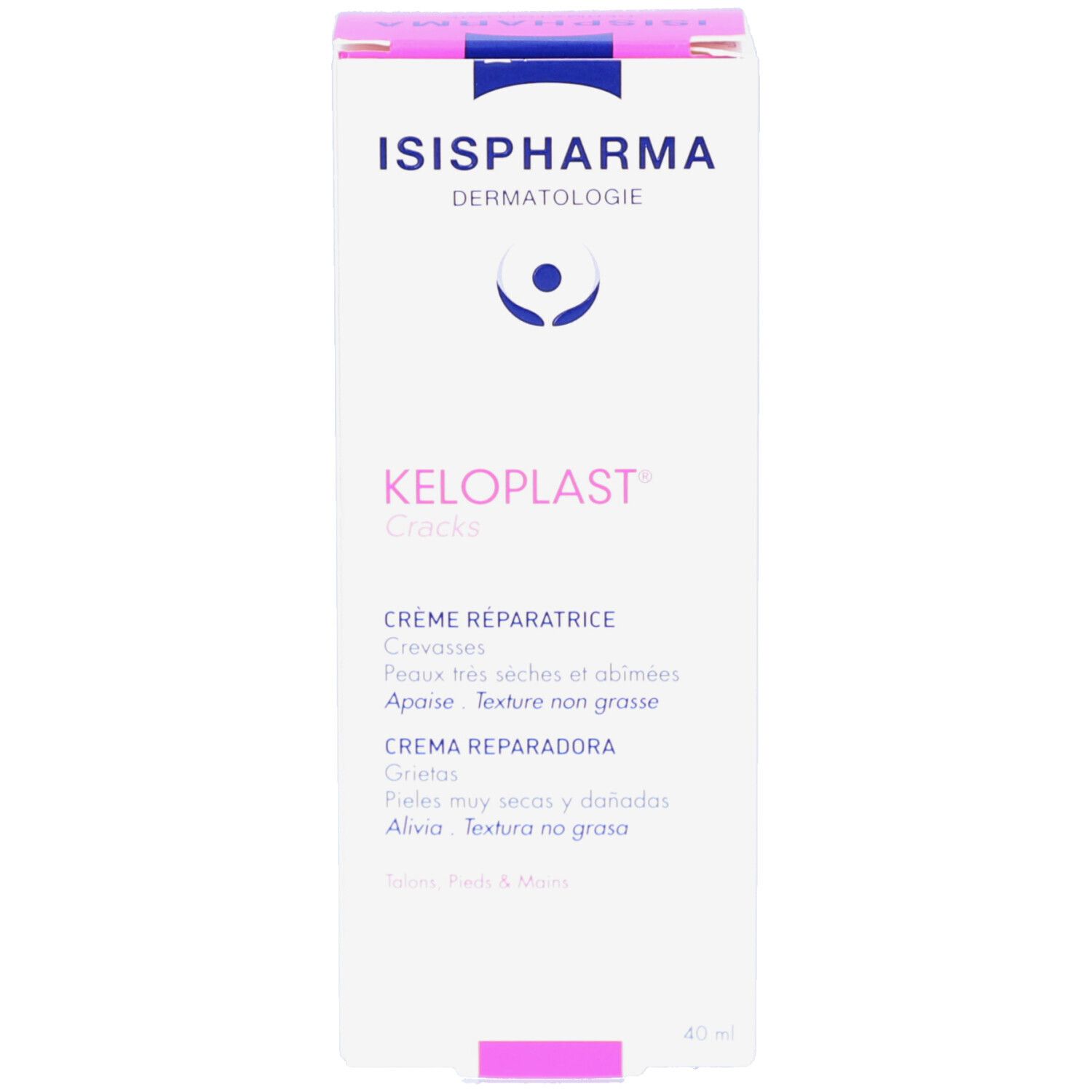 Boîte blanche ISISPHARMA Keloplast Cracks. Crème réparatrice pour peaux très sèches et abîmées. Texte en anglais, français, espagnol.