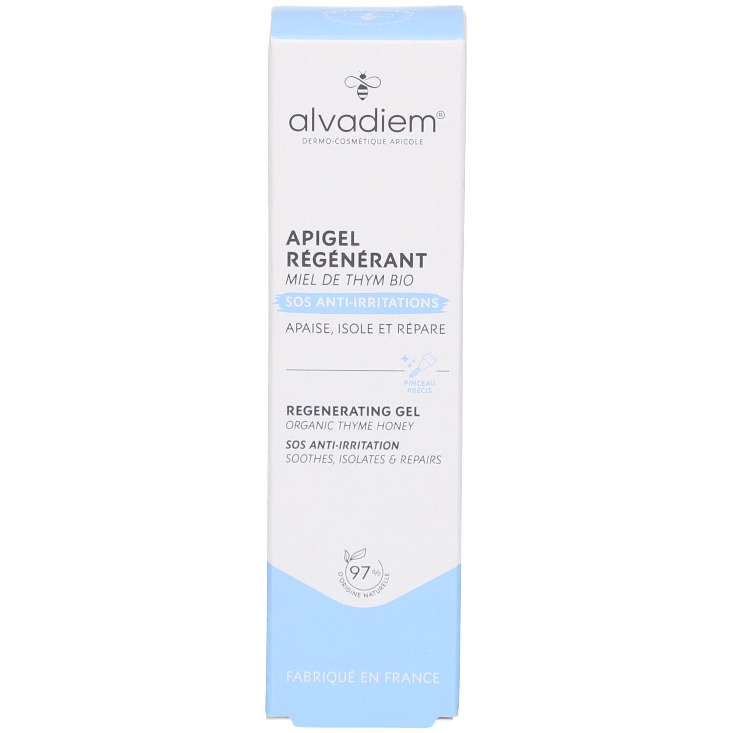 Emballage du produit. Inscription: Apigel Régénérant, Miel de Thym Bio. Avec logo et certification. Couleurs bleu et blanc.