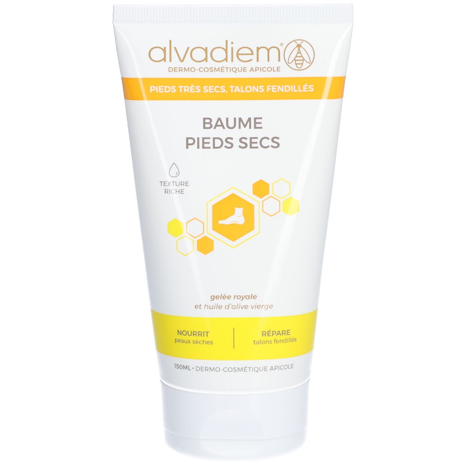Tube blanc et jaune. Inscription Alvadiem, Baume Pieds Secs. Texte: Pieds très secs, talons fendillés. Logo: pied dans un nid d'abeille.