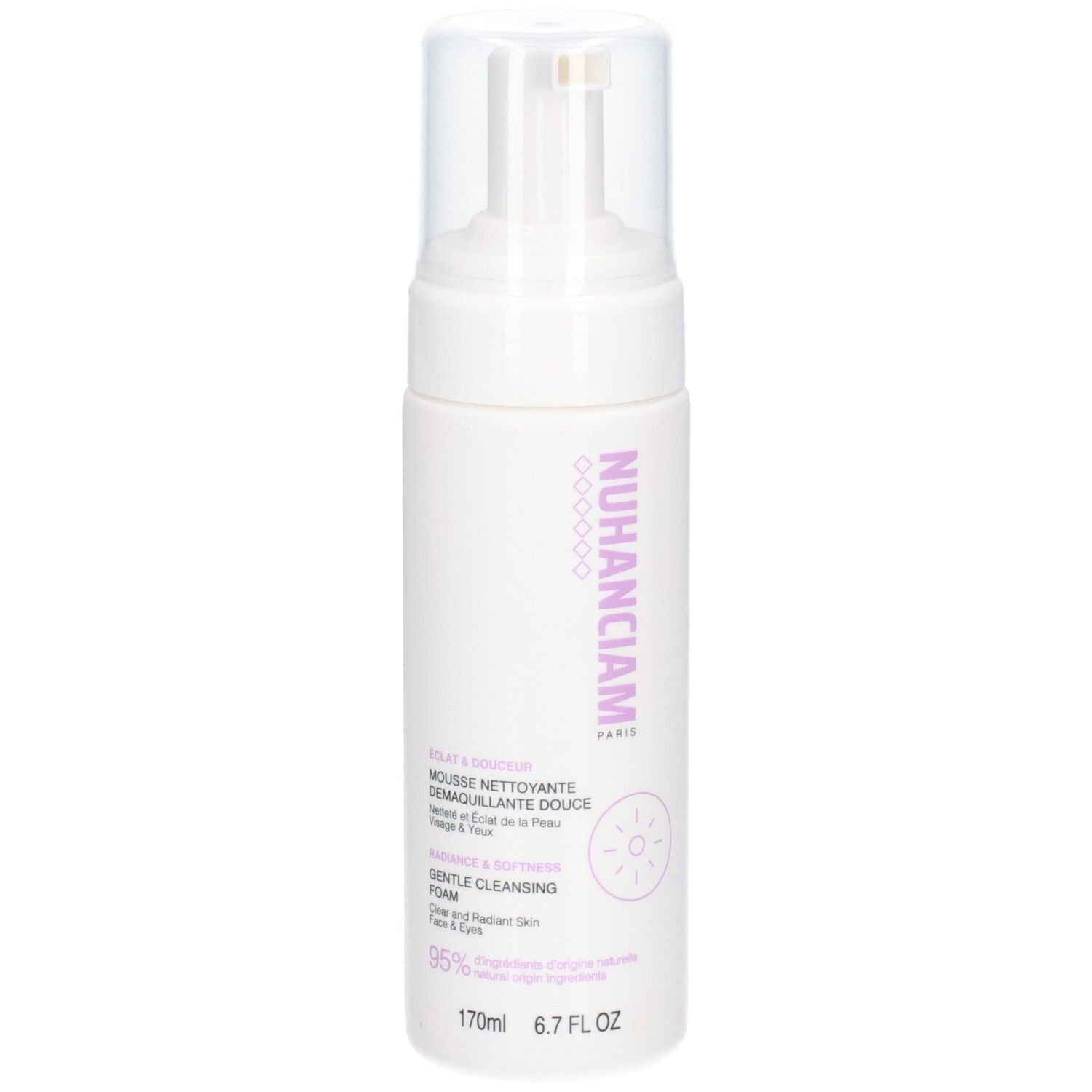 Flacon pompe blanc avec capuchon transparent, inscription violette NUHANCIAM.