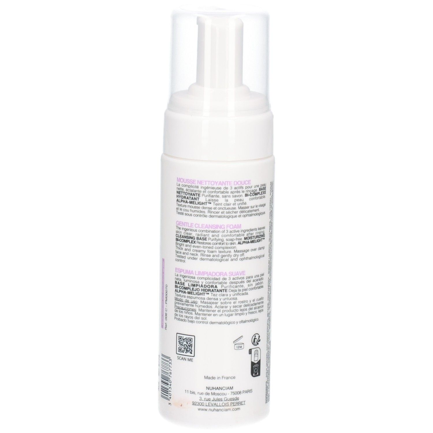 Arrière d'un flacon pompe blanc avec informations produit et code QR.