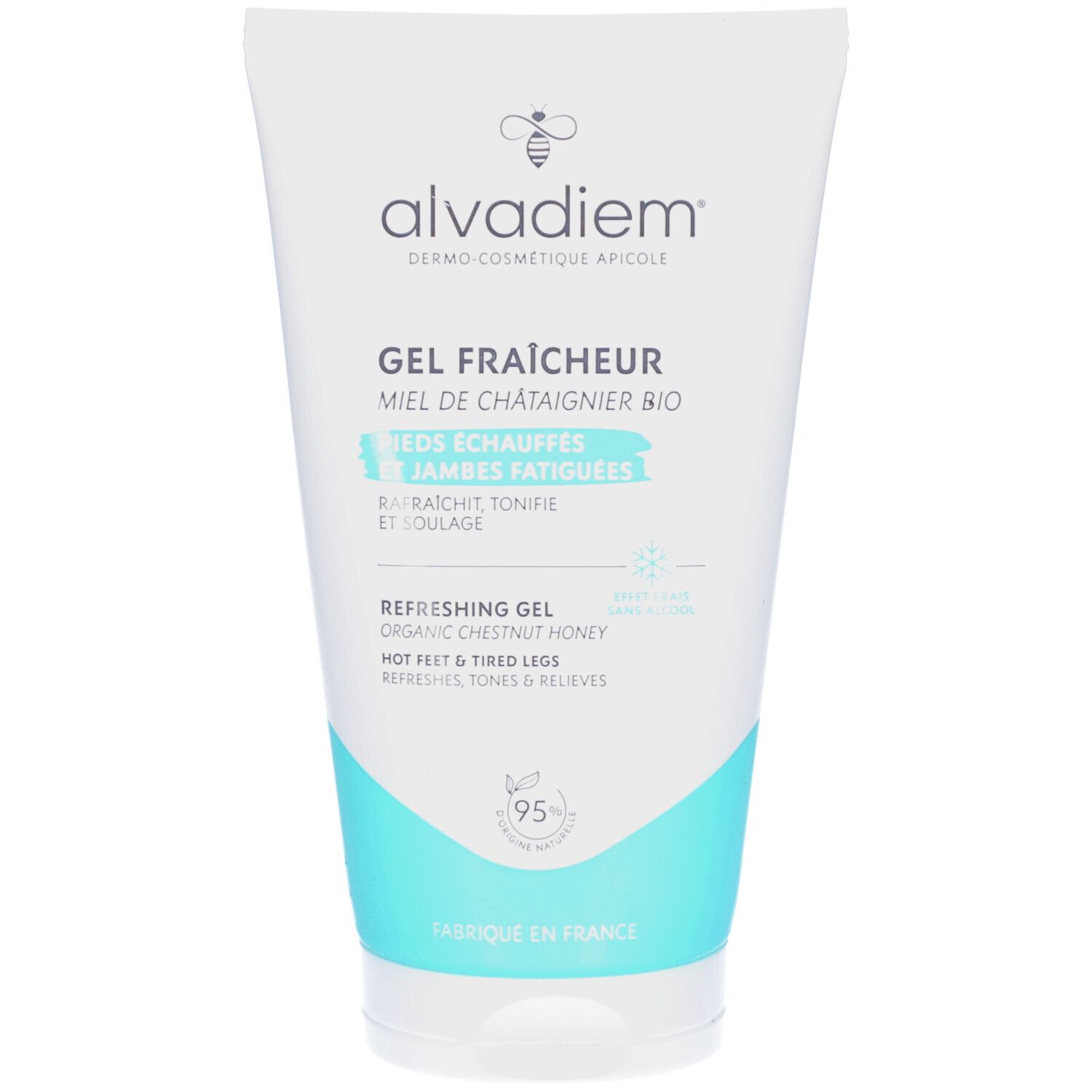 Tube blanc et turquoise. Inscription: ALVADIEM, Gel Fraîcheur, miel, pour jambes fatiguées. 95% ingrédients naturels.