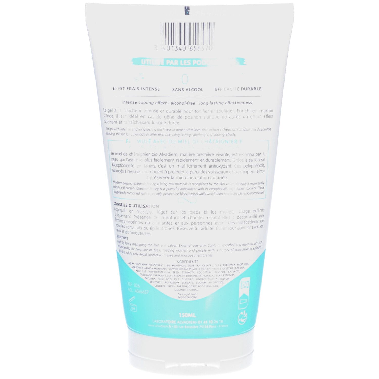 Dos du tube. Texte multilingue. Zones turquoise. Code-barres et indication de volume.