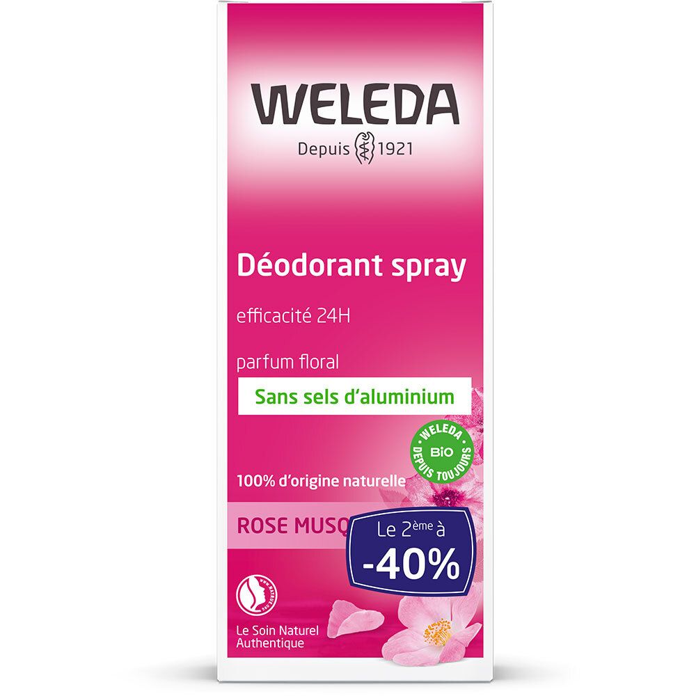 Weleda Déodorant spray. Rose musquée, sans sels d'aluminium. Efficacité 24h. Certification bio.