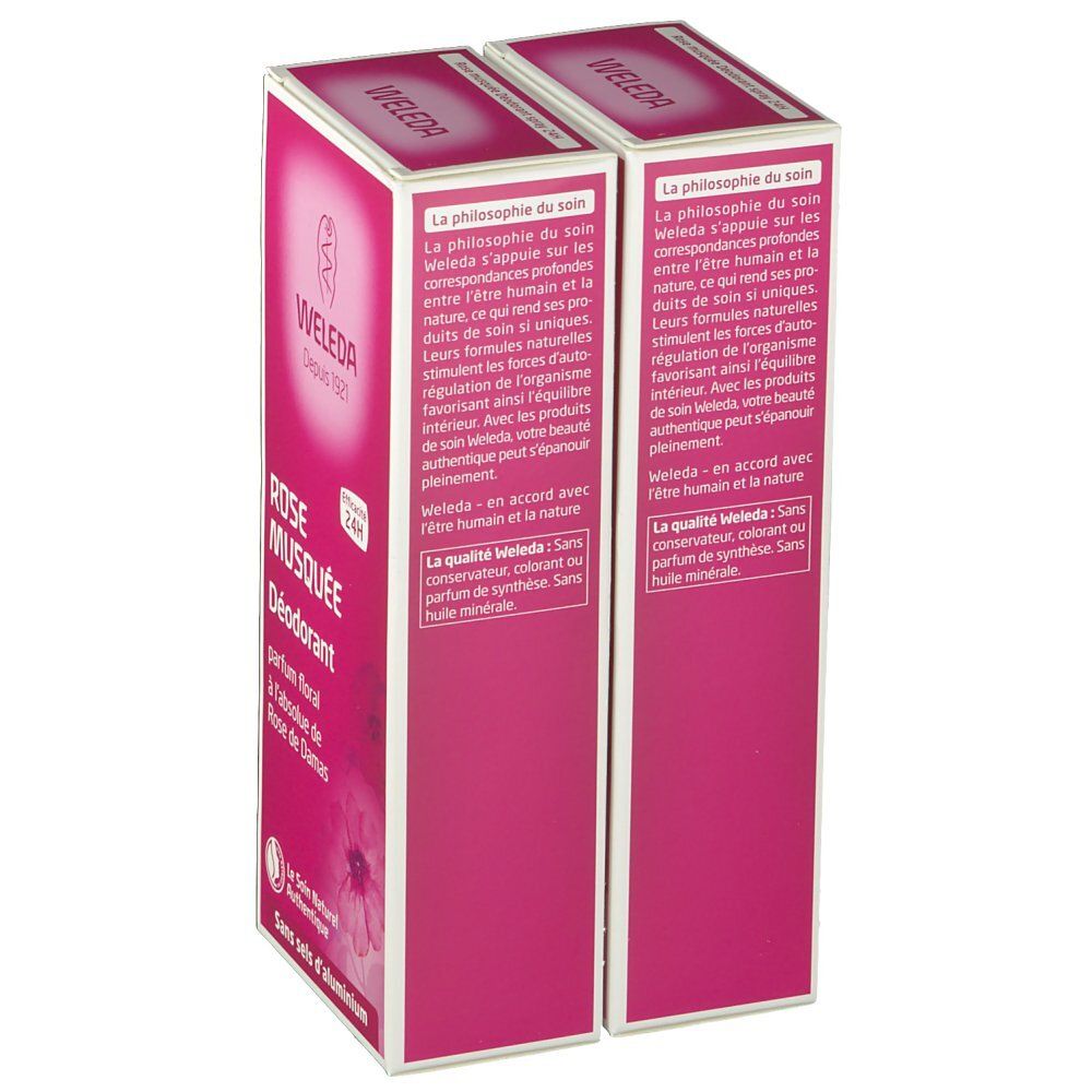 Deux boîtes de déodorant Weleda. Design rose, texte: Rose Musquée, Déodorant, 24h, sans sels d'aluminium.