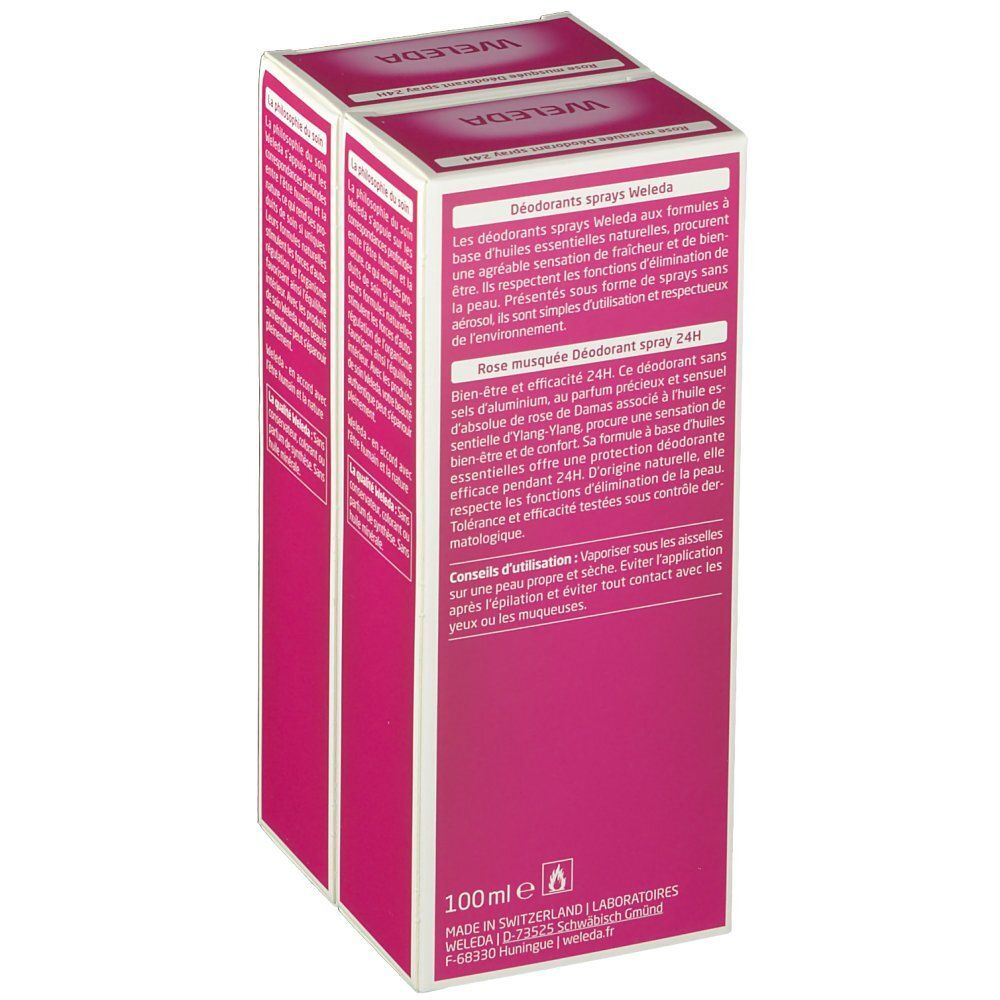 Deux boîtes de déodorant Weleda. Design rose, texte: Rose Musquée, Déodorant, 24h, sans sels d'aluminium.