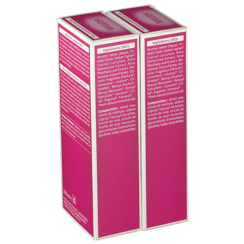 Deux boîtes de déodorant Weleda. Design rose, texte: Ingrédients, Rose Musquée, Déodorant.