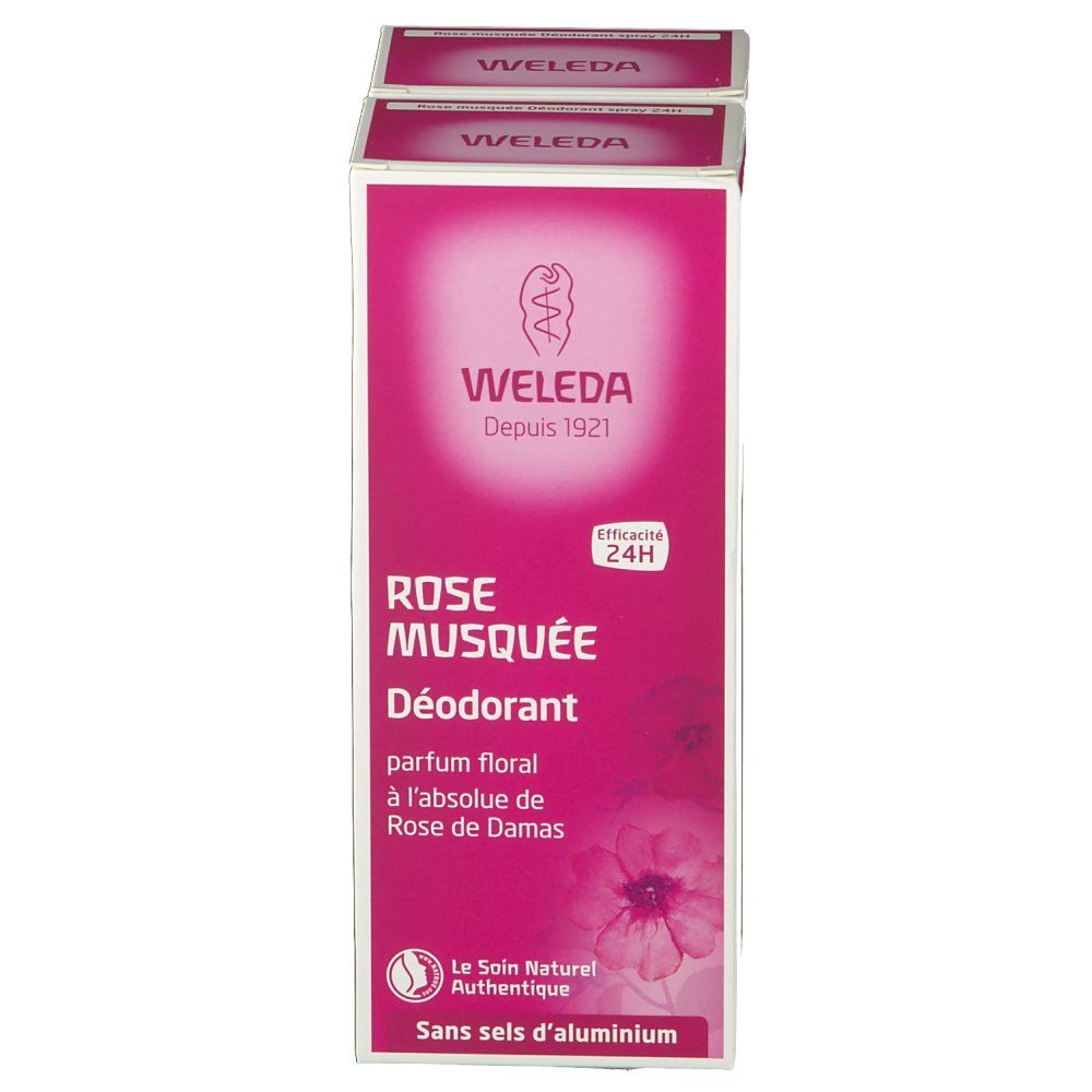 Boîte de déodorant Weleda. Design rose, texte: Rose Musquée, Déodorant, 24h, sans sels d'aluminium.