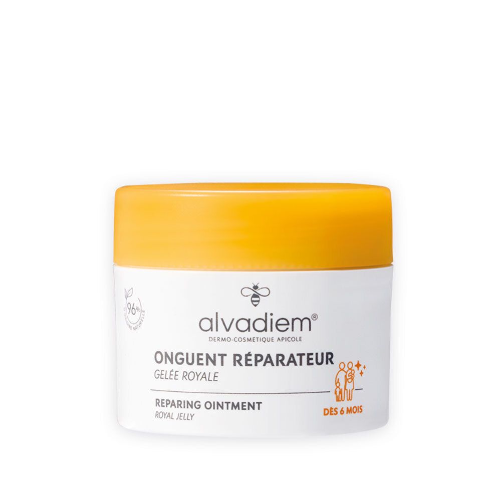 Pot de crème à couvercle jaune. Inscription: Alvadiem, Onguent Réparateur, Gelée Royale. Pour bébés dès 6 mois.