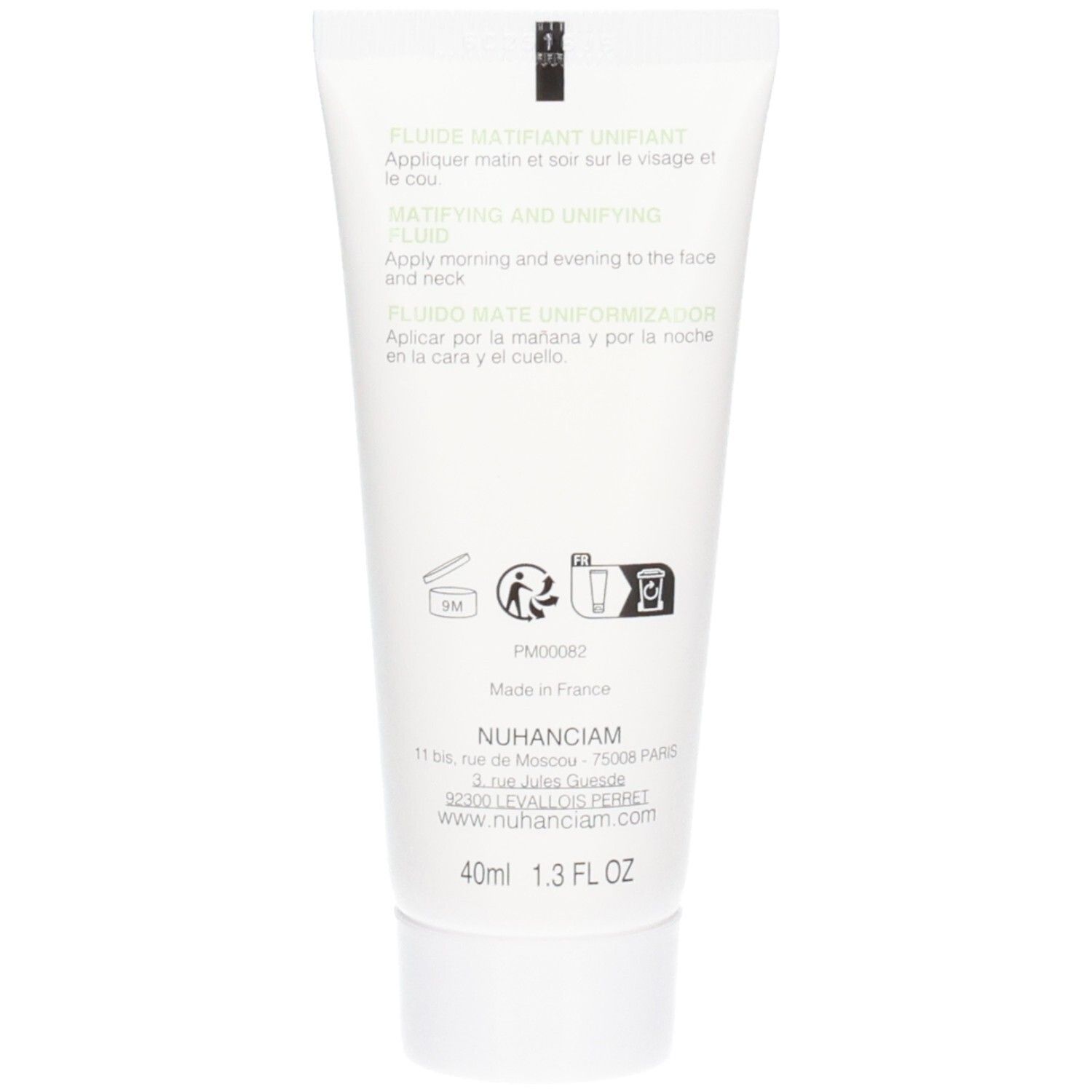 Dos Nuhanciam Fluide Matifiant Unifiant. Fabriqué en France. 40ml 1.3 FL OZ.