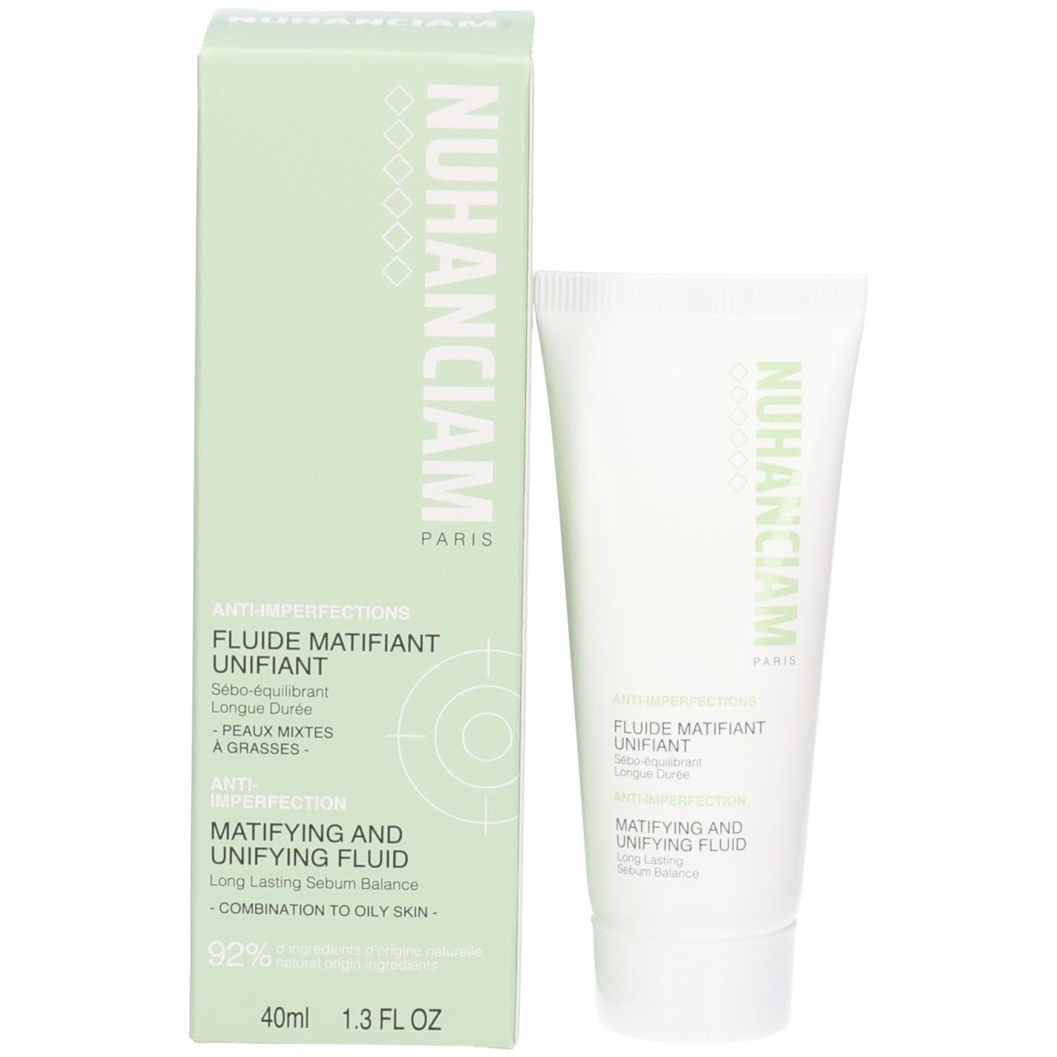 Tube et boîte Nuhanciam Fluide Matifiant Unifiant. Anti-Imperfections. 92% d'ingrédients d'origine naturelle.
