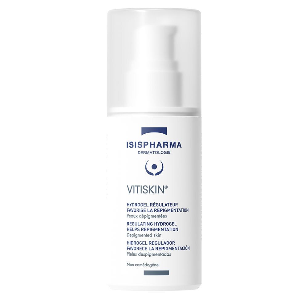 Flacon blanc avec pompe. Inscriptions: ISISPHARMA, Vitiskin. Texte: Hydrogel régulateur favorisant la repigmentation de la peau.