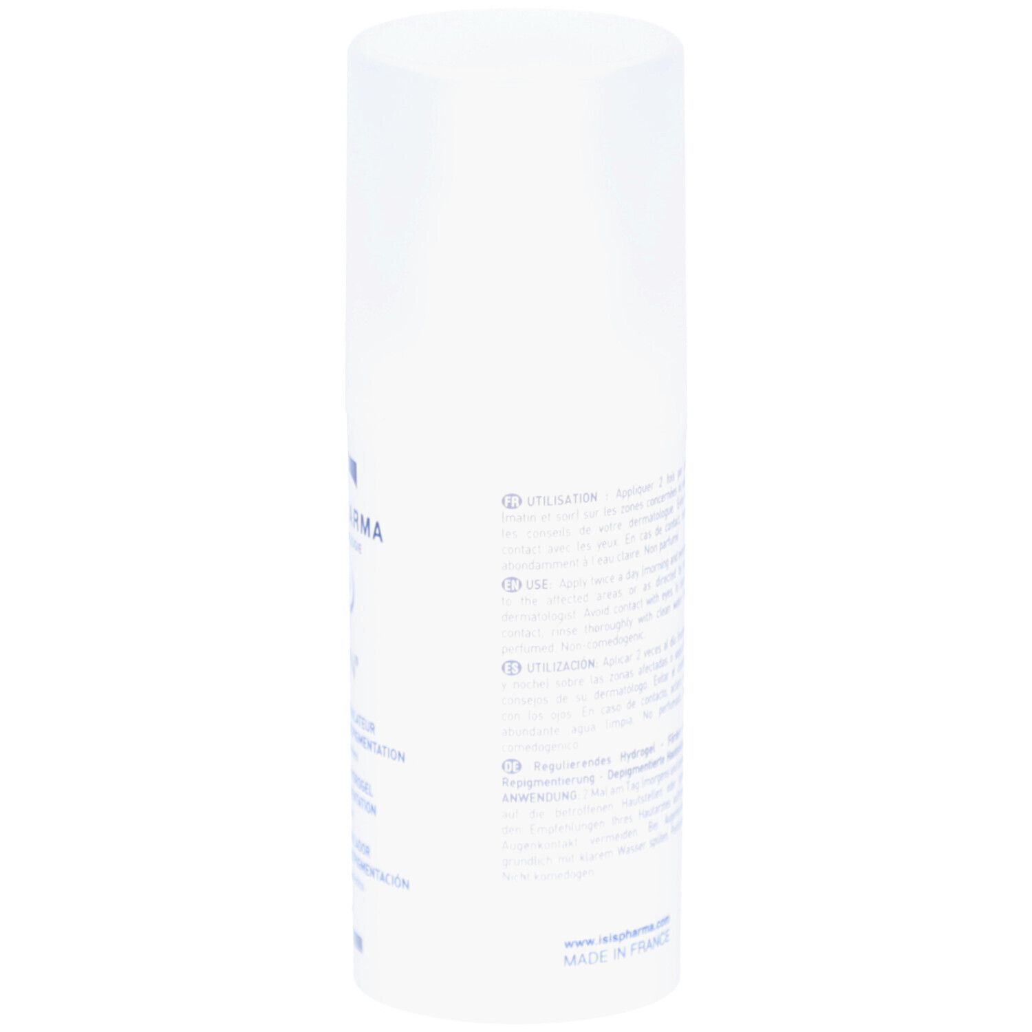 Vue latérale du flacon blanc. Texte multilingue. Inscription: 50 ml. Fabriqué en France.