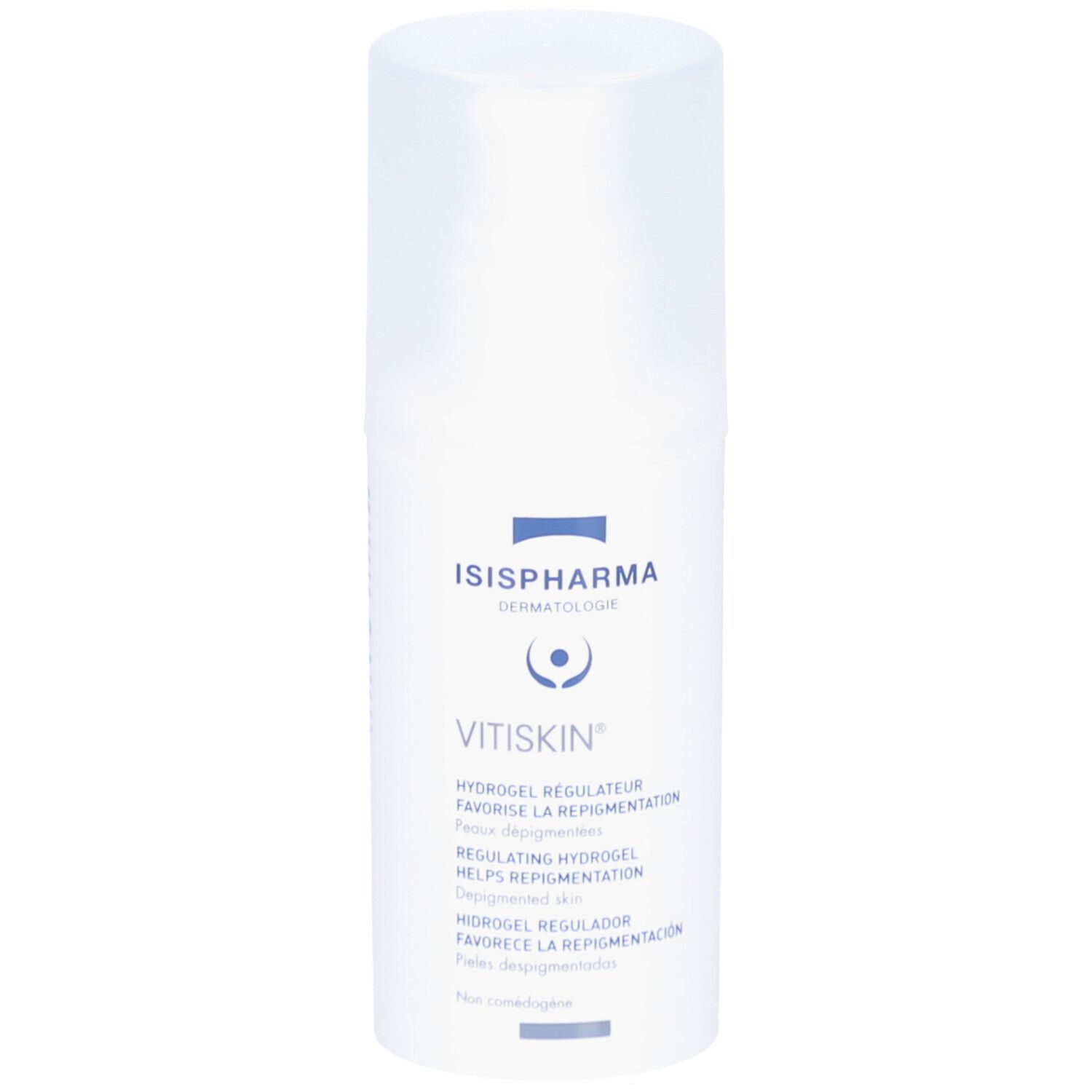 Flacon blanc avec pompe. Inscriptions: ISISPHARMA, Vitiskin. Texte: Hydrogel régulateur favorisant la repigmentation de la peau.