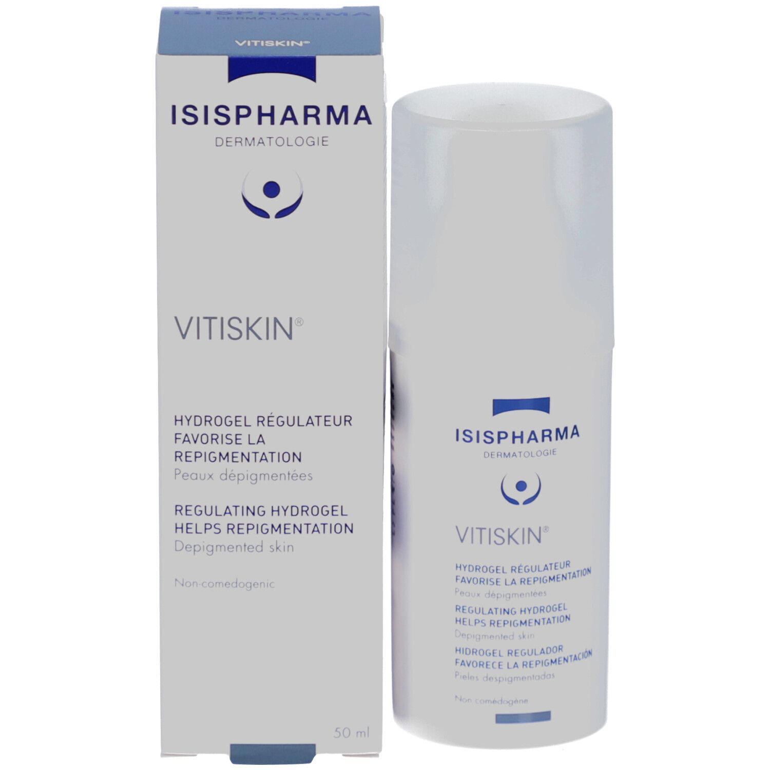 Emballage du produit avec flacon et boîte. Inscriptions: ISISPHARMA, Vitiskin. Texte: Hydrogel favorisant la repigmentation.