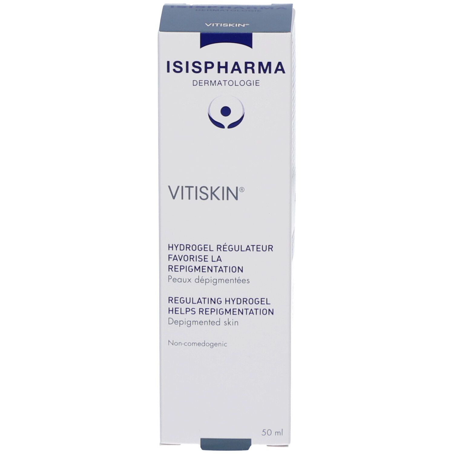 Emballage du produit, boîte. Inscriptions: ISISPHARMA, Vitiskin. Texte: Hydrogel favorisant la repigmentation.