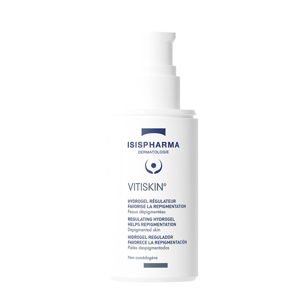 Flacon blanc avec bouchon transparent. Inscriptions: ISISPHARMA, VITISKIN, Hydrogel. Régule la repigmentation.