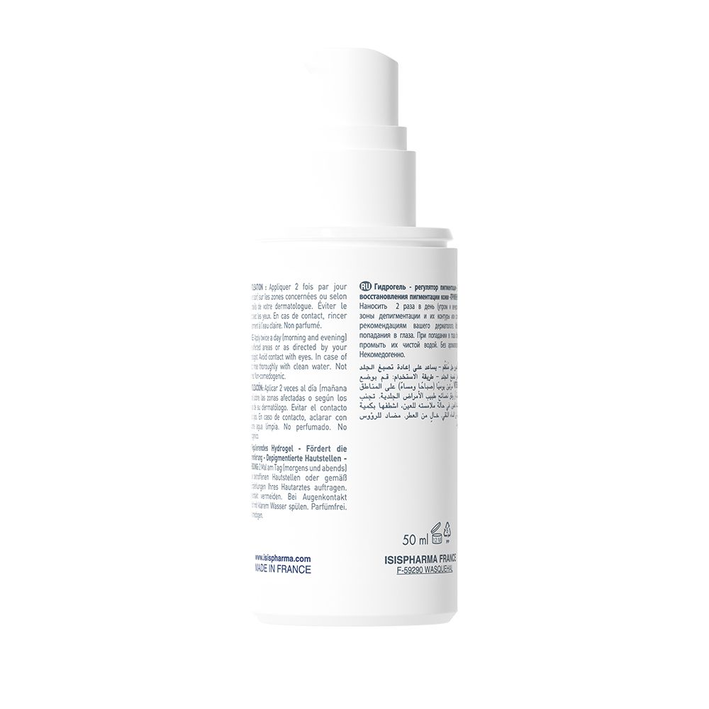 Dos du flacon blanc. Texte multilingue. Volume: 50 ml. Fabriqué en France.