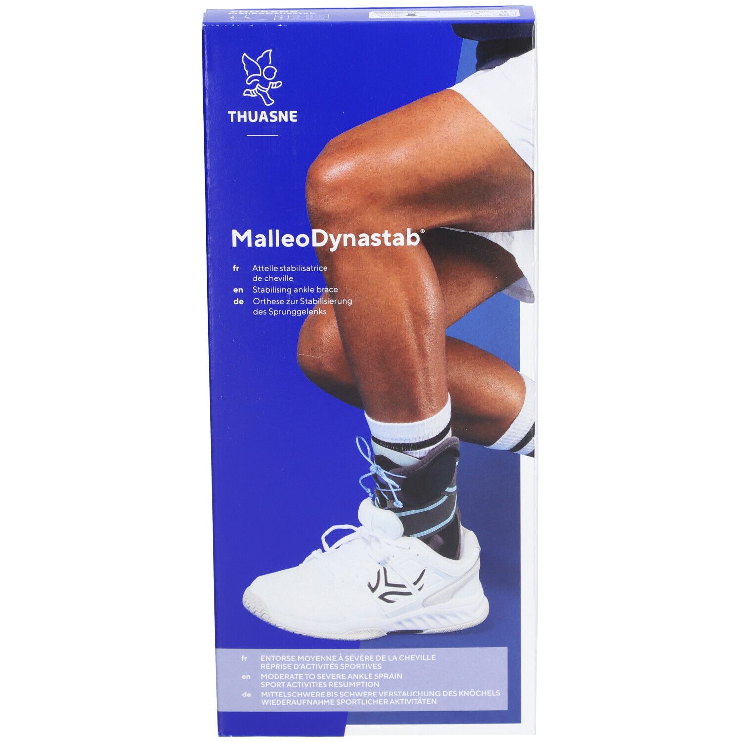 Attelle de cheville MalleoDynastab. Bandage noir et bleu avec laçage. Inscription THUASNE.