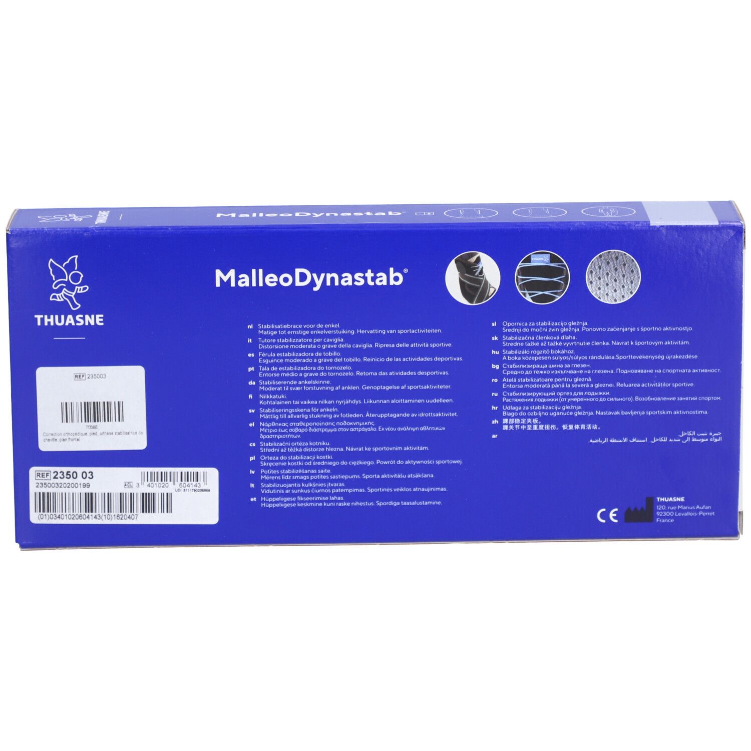 Dos de l'emballage de MalleoDynastab. Texte multilingue. Logo THUASNE. Code-barres et marquage CE.