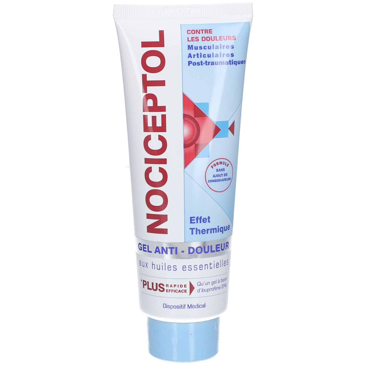 Tube de gel anti-douleur NOCICEPTOL. Blanc, bleu et rouge. Texte: Contre les douleurs musculaires, articulaires. Effet Thermique. Huiles essentielles.
