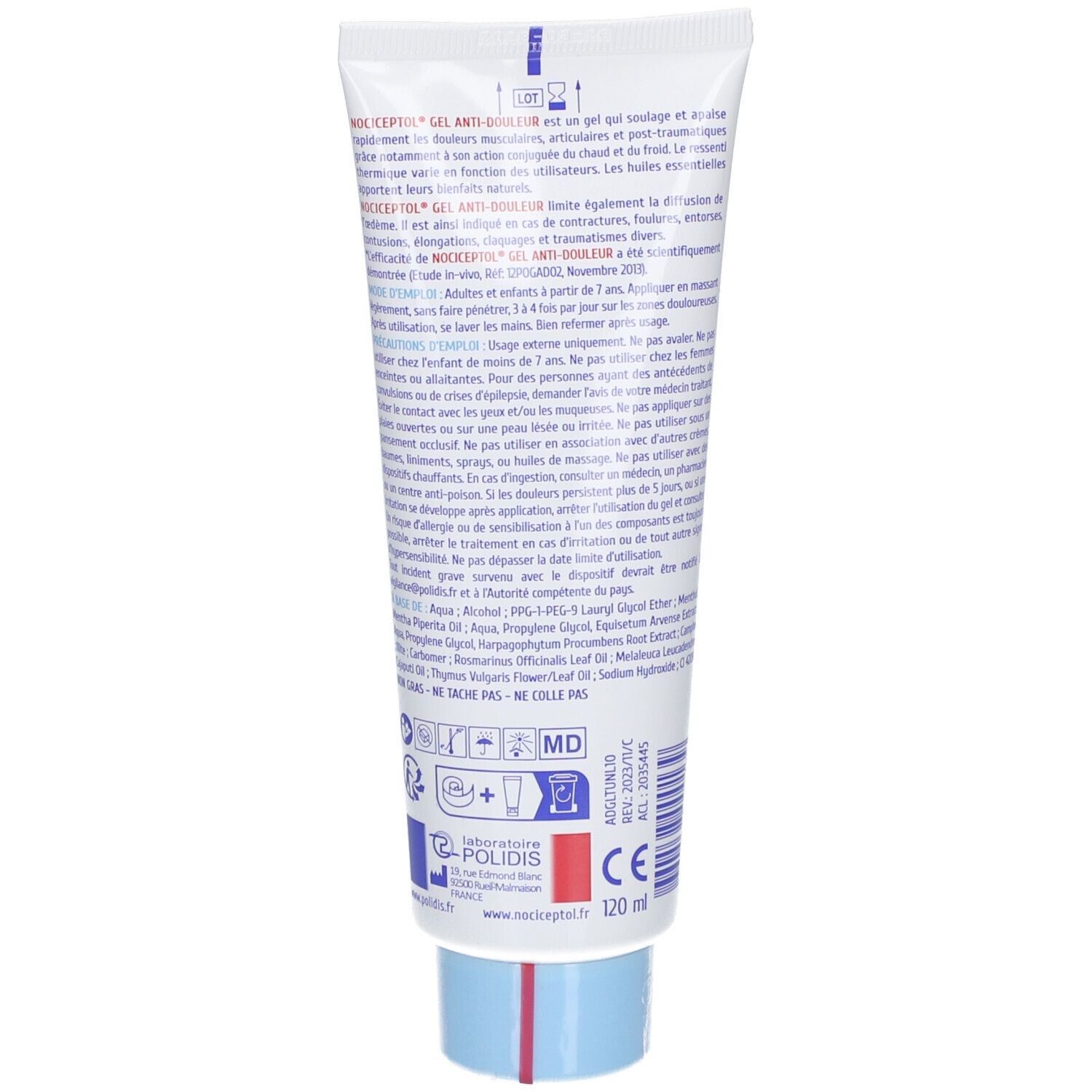 Dos du tube de gel anti-douleur NOCICEPTOL. Contient du texte et des ingrédients. Tube blanc et bleu avec bouchon bleu.