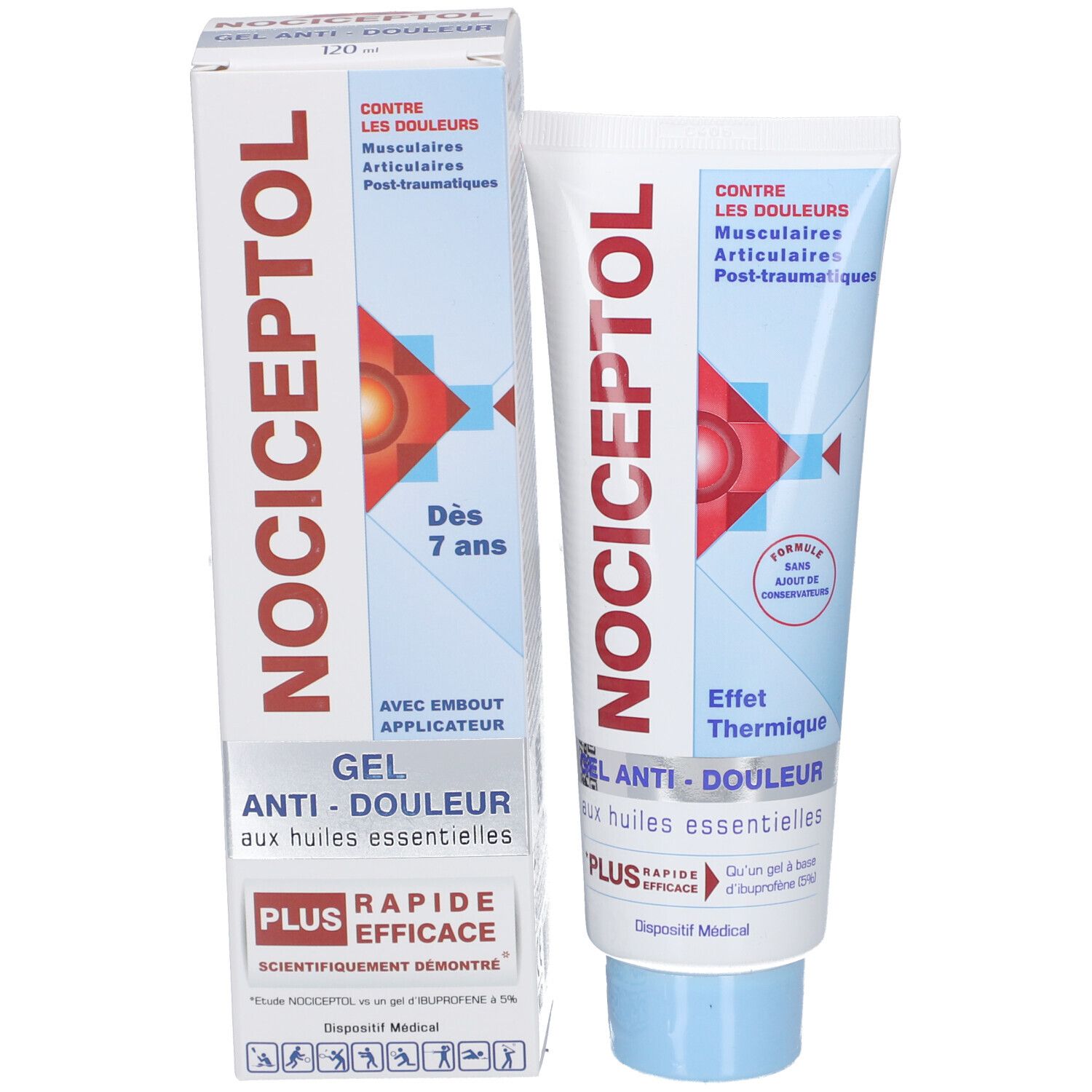 NOCICEPTOL Gel Anti-Douleur et emballage. Blanc, bleu et rouge. Texte: Contre les douleurs musculaires, articulaires. Avec applicateur.
