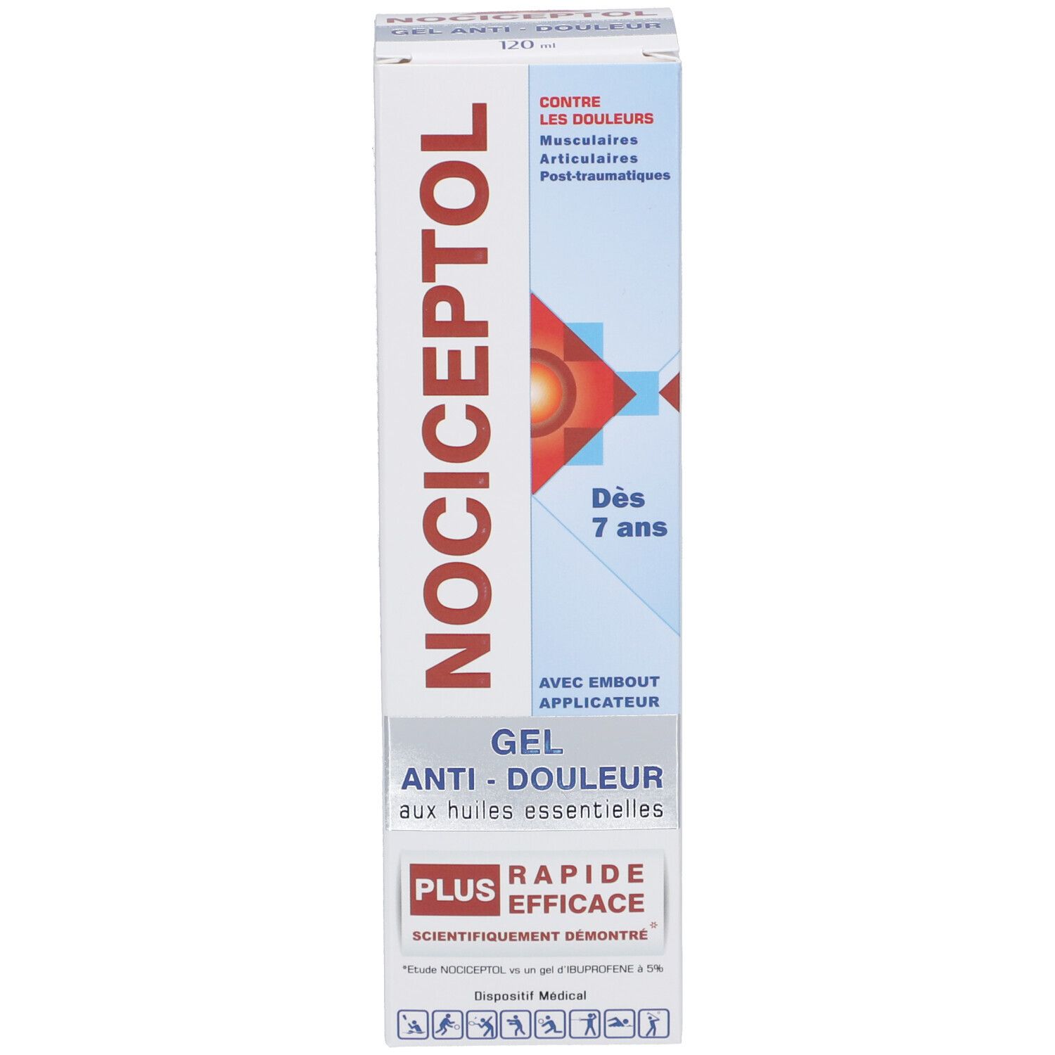 Emballage NOCICEPTOL Gel Anti-Douleur. Blanc, bleu et rouge. Texte: Contre les douleurs musculaires, articulaires. Avec applicateur. Dès 7 ans.