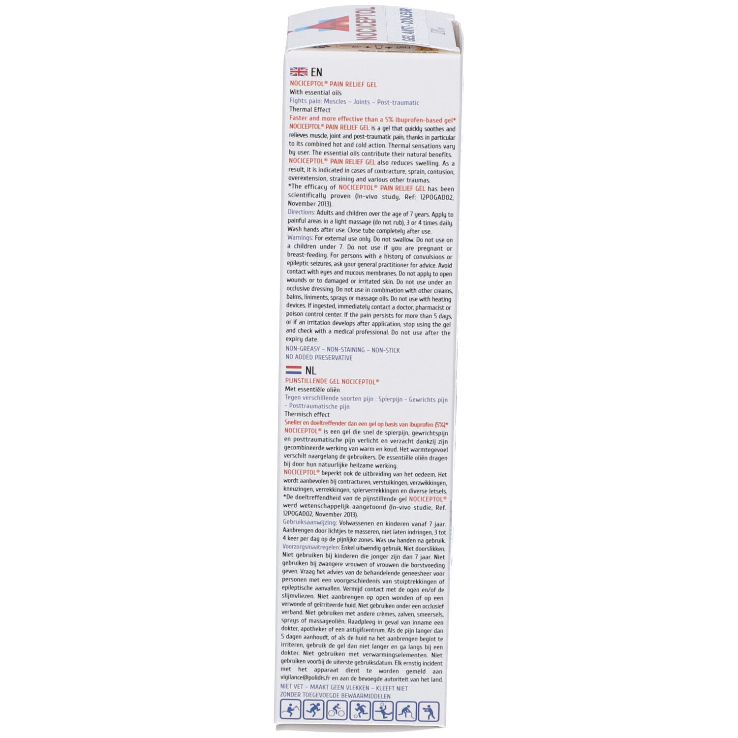 Côté de l'emballage NOCICEPTOL Gel Anti-Douleur. Texte en néerlandais. Contient des informations d'utilisation et des avertissements.