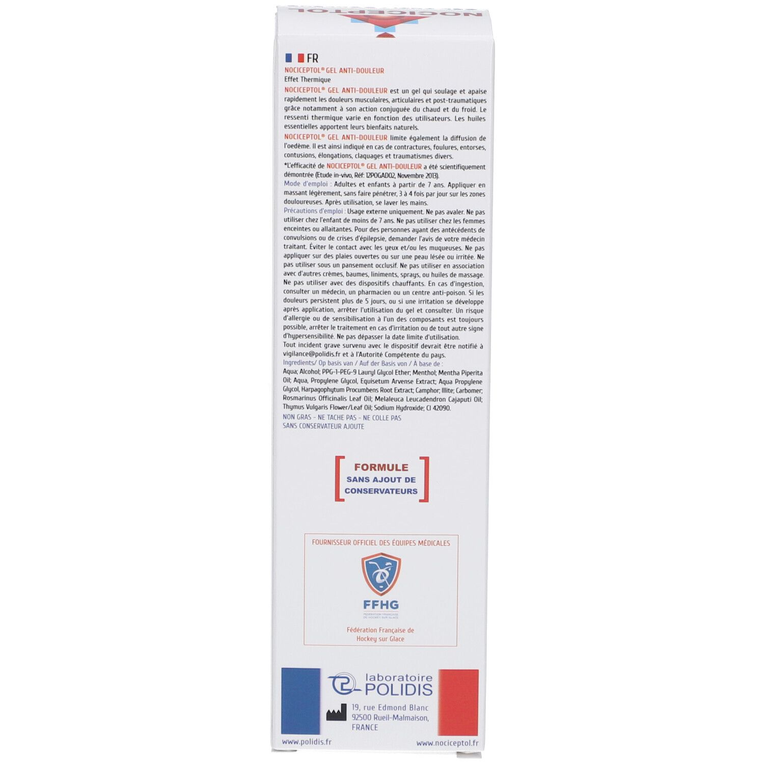 Côté de l'emballage NOCICEPTOL Gel Anti-Douleur. Texte en français. Contient des informations d'utilisation et des ingrédients.