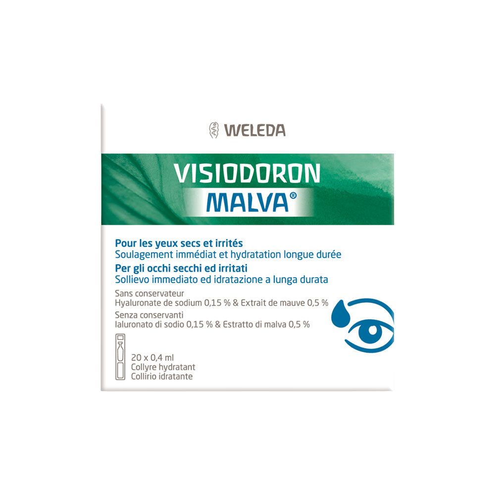 Weleda Visiodoron Malva. Boîte de 20 unidoses. Pour yeux secs et irrités. Contient hyaluronate et extrait de mauve.