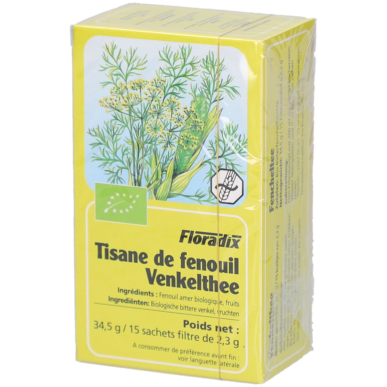 Boîte jaune de tisane de fenouil. Inscription: Floradix, Tisane de fenouil, Venkelthee. Label bio. 15 sachets.
