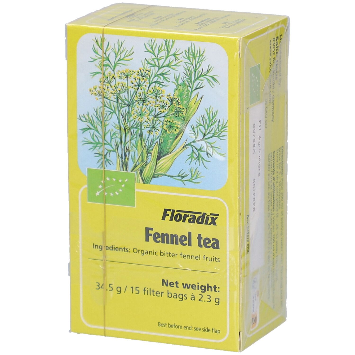 Boîte jaune de thé au fenouil. Inscription: Floradix, Fennel tea. Label bio. 15 sachets filtre.