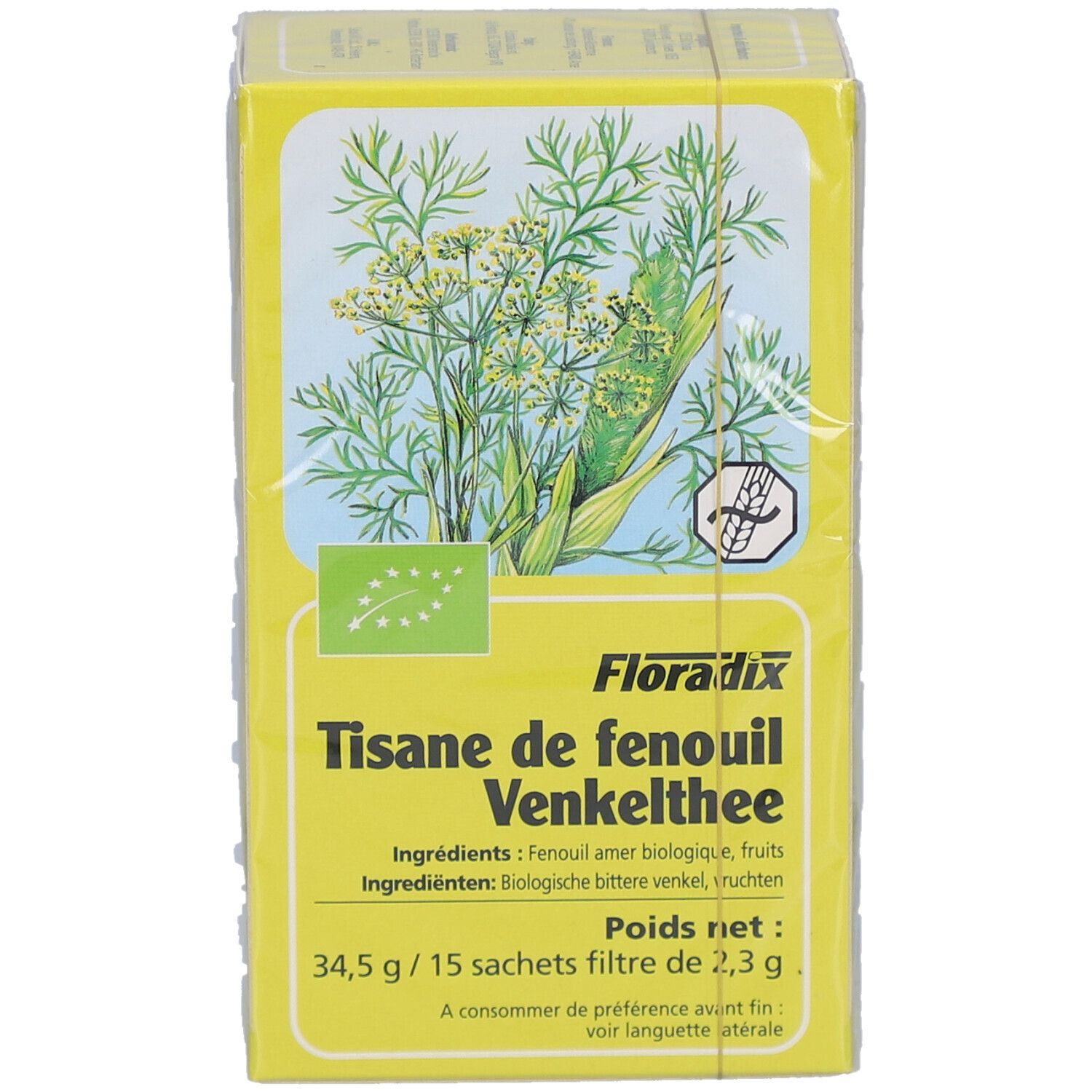 Boîte jaune de tisane de fenouil. Inscription: Floradix, Tisane de fenouil, Venkelthee. Label bio. 15 sachets.