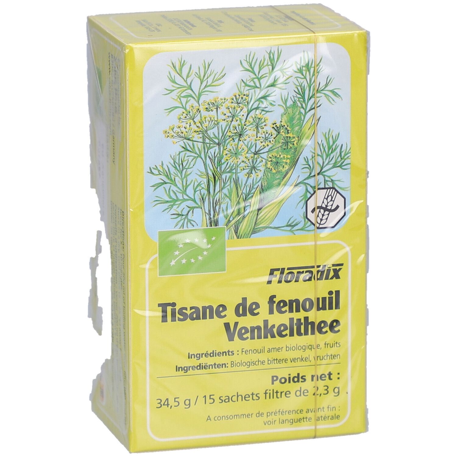 Boîte jaune de tisane de fenouil. Inscription: Floradix, Tisane de fenouil, Venkelthee. Label bio. 15 sachets.