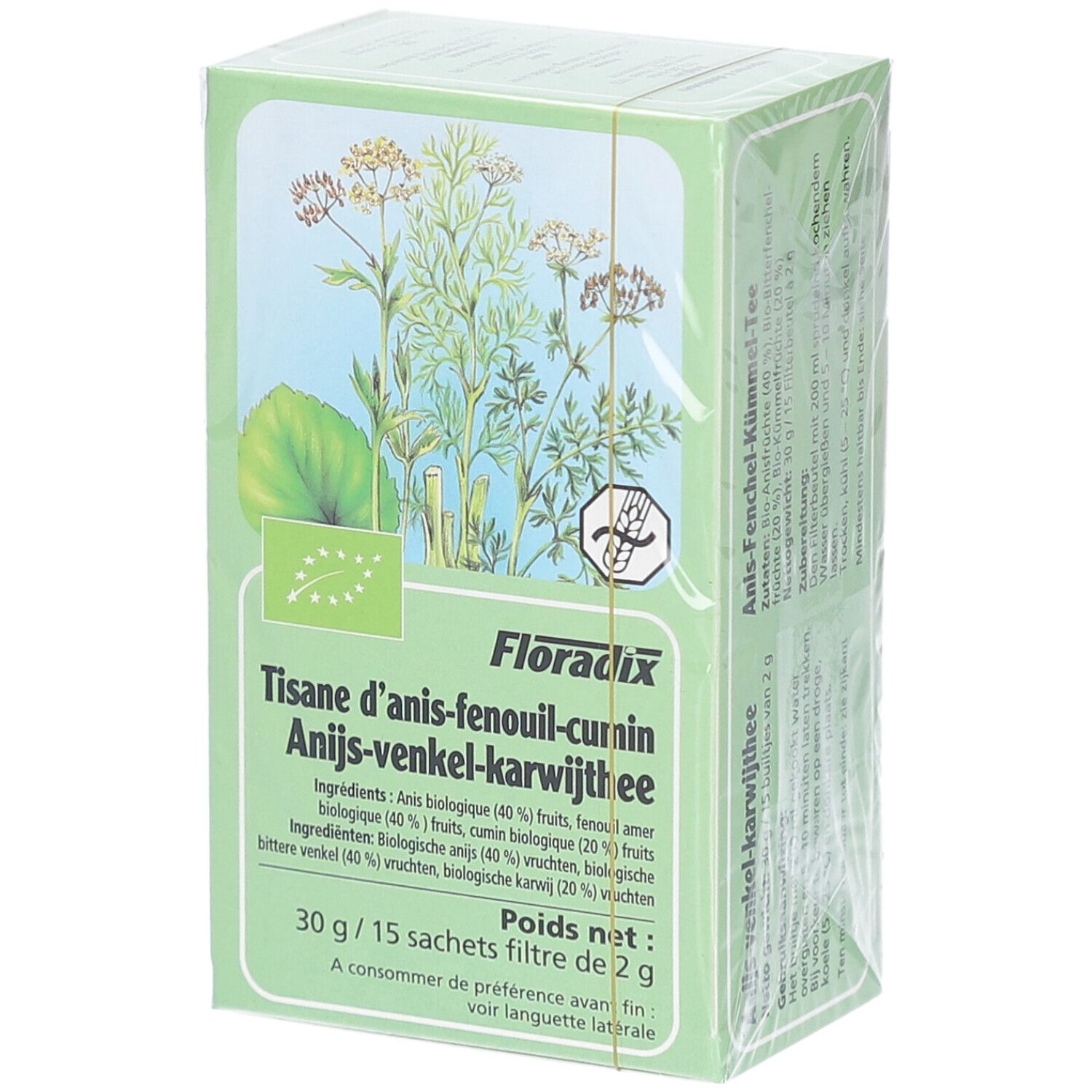 Boîte verte de tisane. Inscription : Tisane d'anis-fenouil-cumin, Anijs-venkel-karwijttee. Contient 15 sachets filtre.
