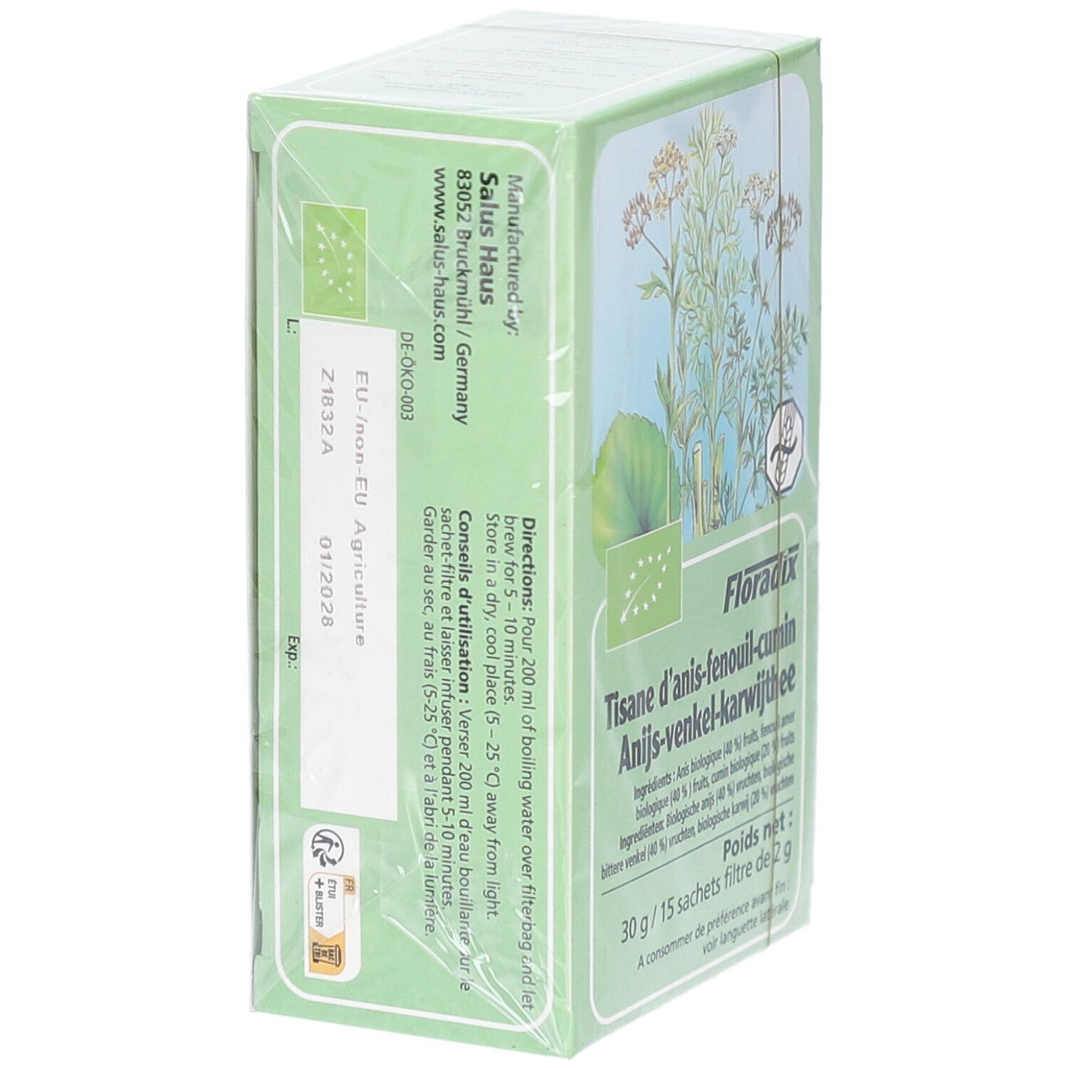 Boîte verte de tisane, vue latérale. Inscription : Tisane d'anis-fenouil-cumin, Anijs-venkel-karwijttee. Avec logo bio UE.