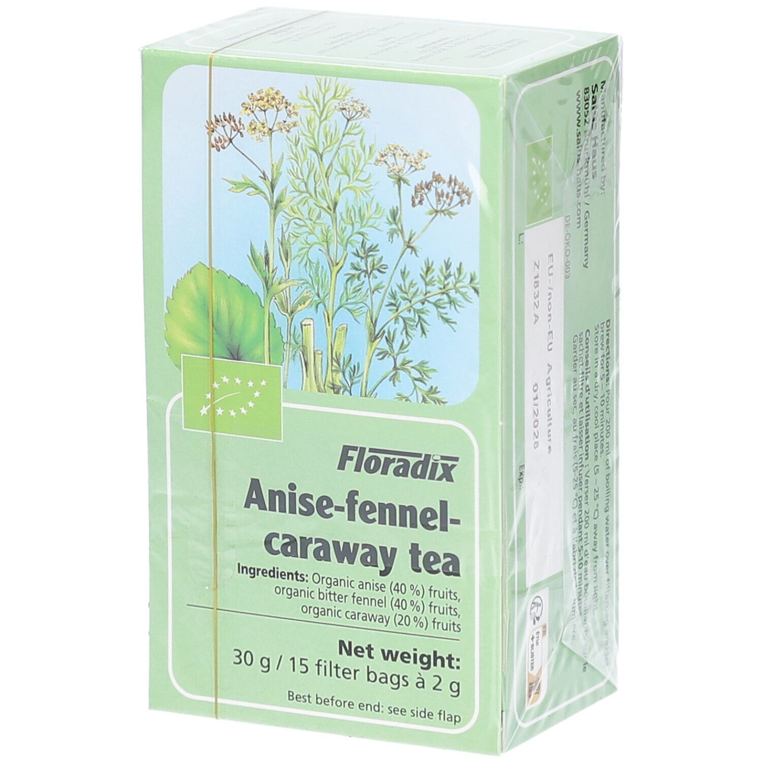 Boîte verte de tisane. Inscription : Anise-fennel-caraway tea. Contient 15 sachets filtre. Avec logo bio UE.