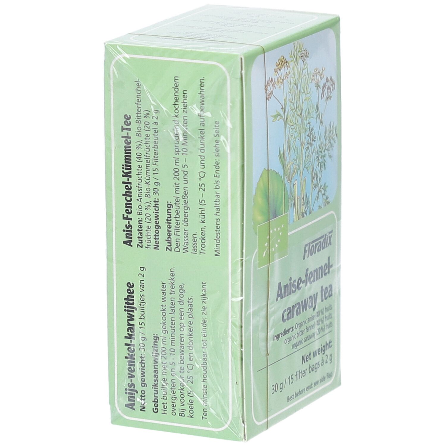 Boîte verte de tisane, vue latérale. Inscription : Anise-fennel-caraway tea. Avec logo bio UE. Instructions de préparation.