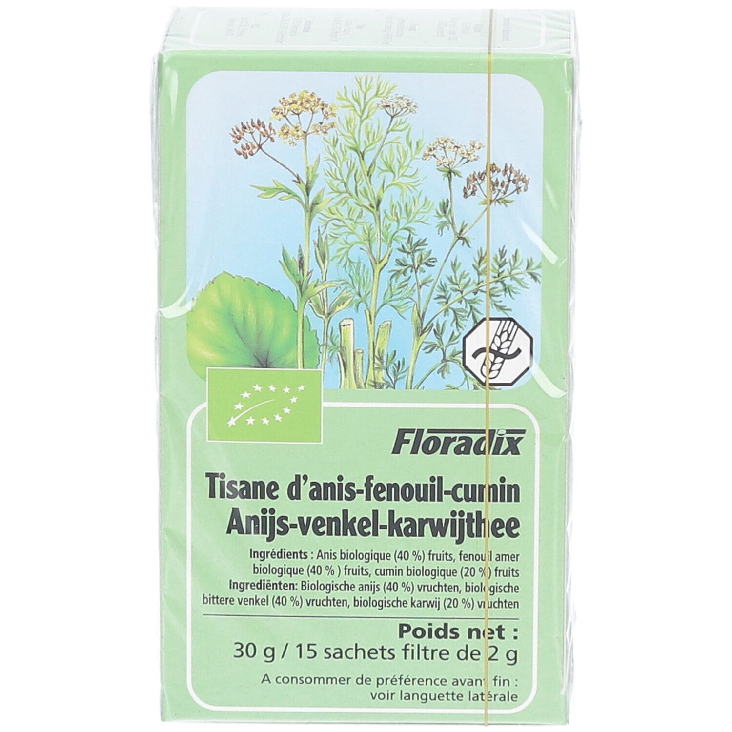 Boîte verte de tisane. Inscription : Tisane d'anis-fenouil-cumin, Anijs-venkel-karwijttee. Avec logo bio UE. 15 sachets filtre.