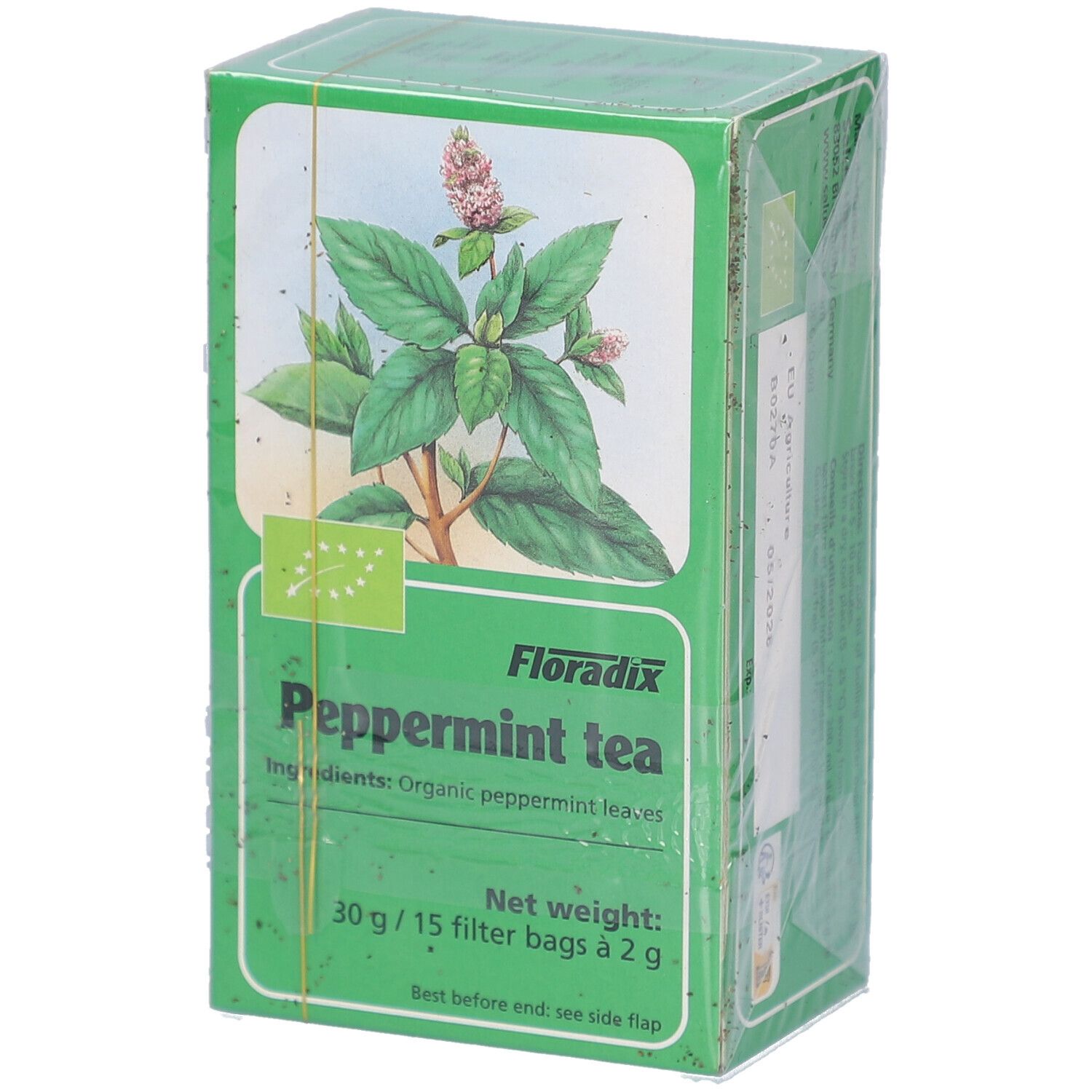 Boîte verte avec inscription Peppermint tea. Texte: 30g/15 sachets filtre à 2 g. Label bio. Emballé dans du plastique.