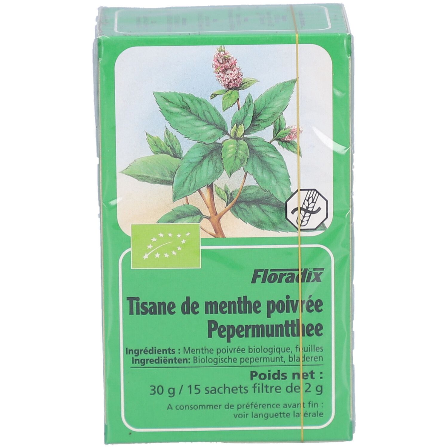 Boîte verte de tisane à la menthe poivrée. Ingrédients et poids nets indiqués. Label bio. Emballage plastique.