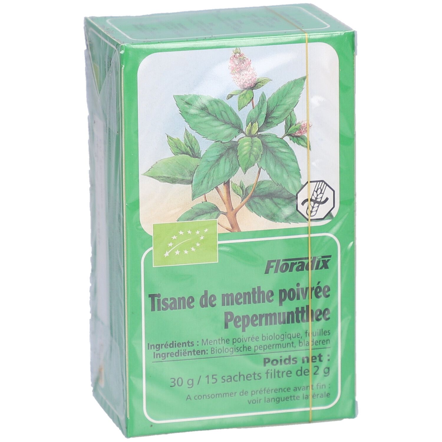 Boîte verte de tisane à la menthe poivrée. Ingrédients et poids nets indiqués. Label bio. Emballage plastique.
