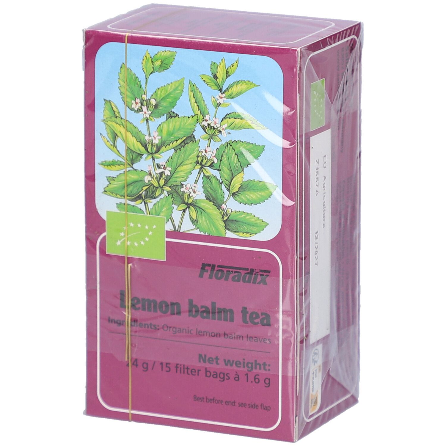 Boîte de tisane à la mélisse. Inscription: Lemon balm tea, 15 sachets filtre. Label bio. Illustration de mélisse.