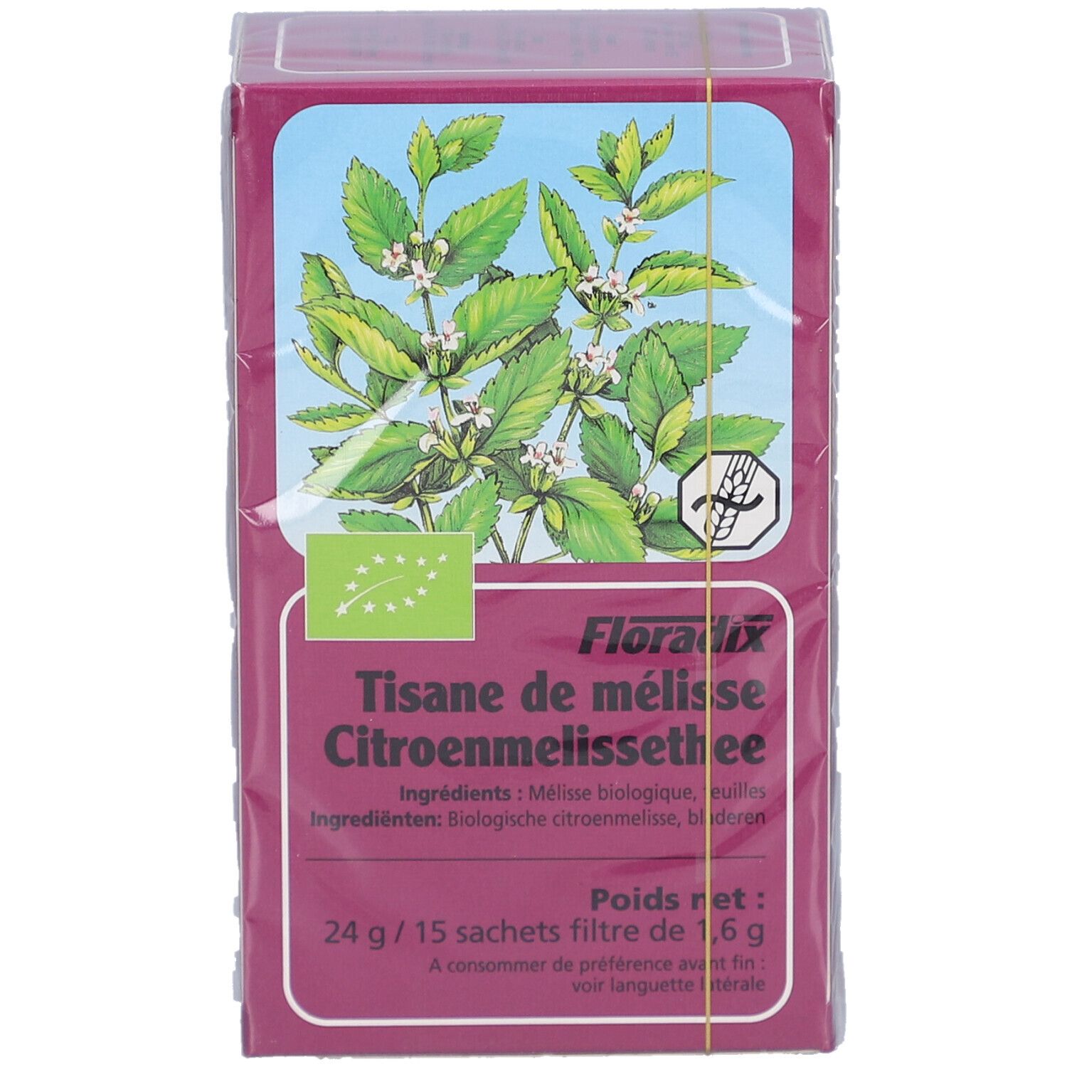 Boîte de tisane de mélisse. Inscription: Tisane de mélisse Citronnelmelissethee, 15 sachets. Label bio. Illustration de mélisse.