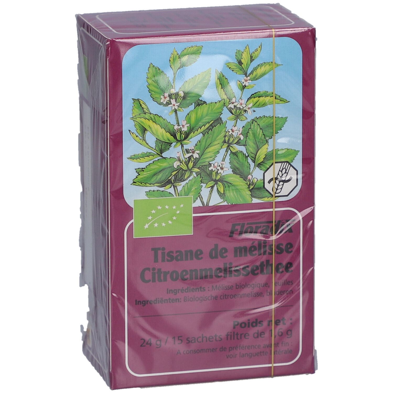 Boîte de tisane de mélisse. Inscription: Tisane de mélisse Citronnelmelissethee, 15 sachets. Label bio. Illustration de mélisse.