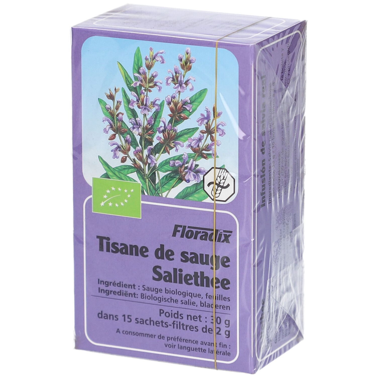 Boîte de SALUS TIS SAUGE SACH 15, emballée. Image de plante et texte sur fond violet. Label bio. Emballage plastique.