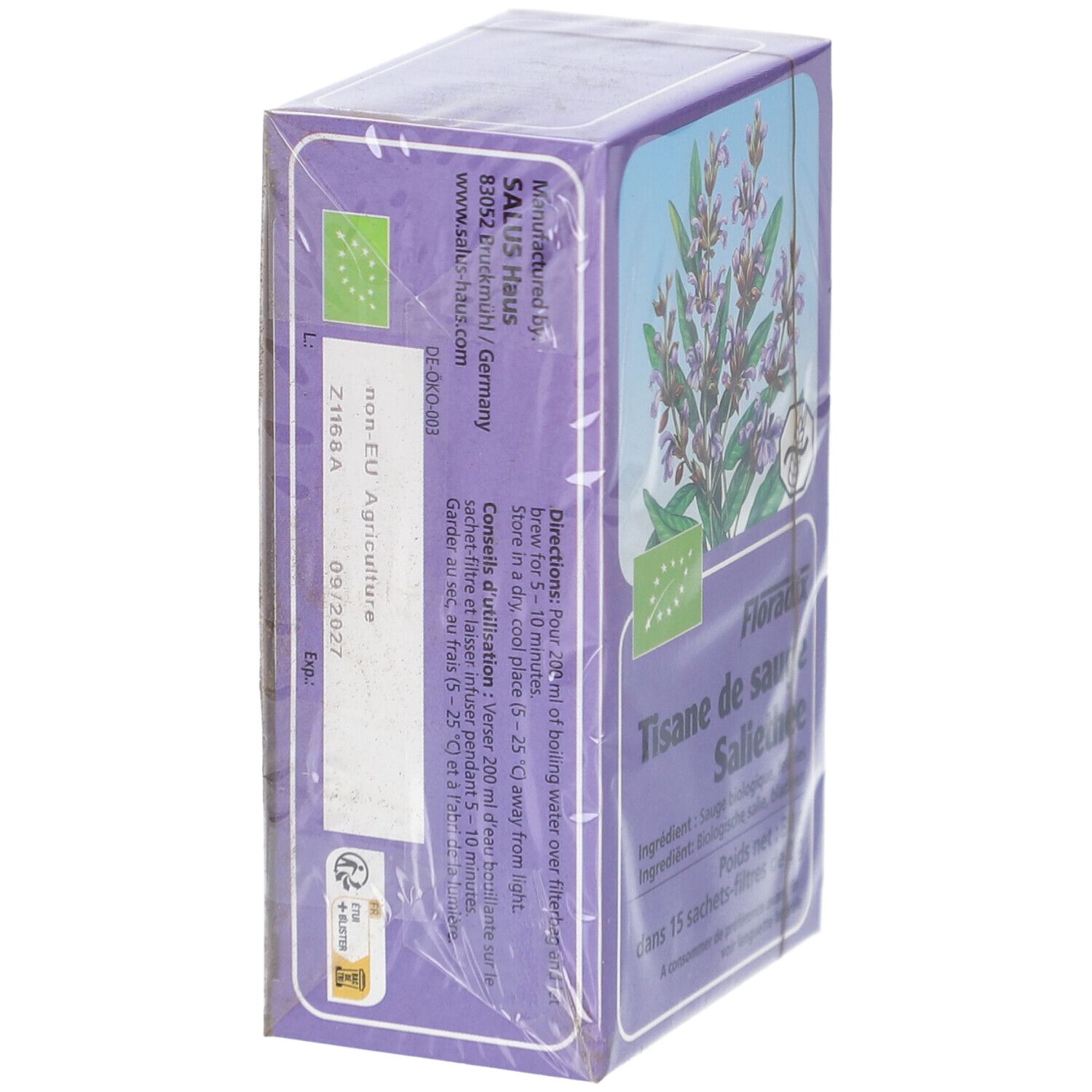 Vue latérale de la boîte SALUS TIS SAUGE SACH 15. Texte et label bio. Emballée. Date de péremption.