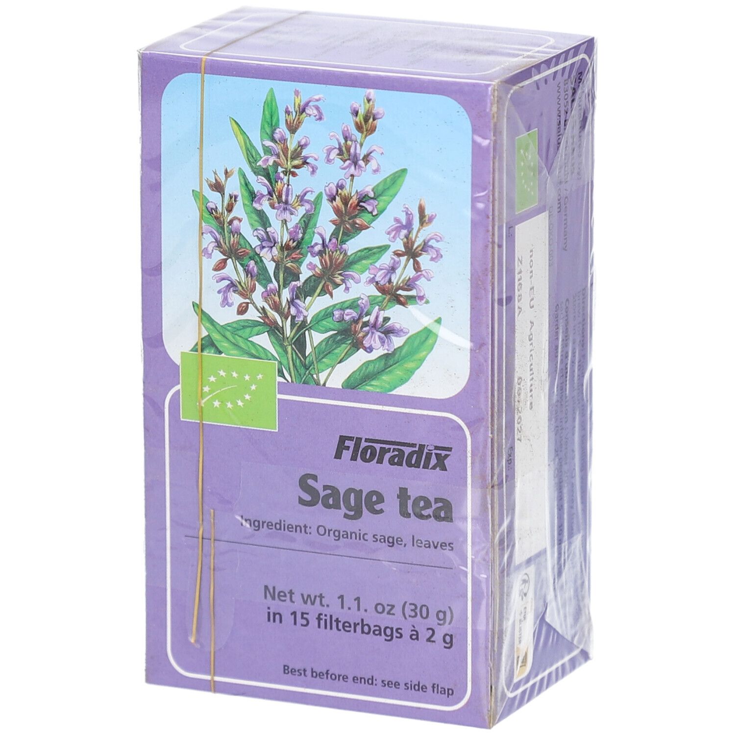 Boîte de SALUS TIS SAUGE SACH 15, emballée. Image de plante et texte sur fond violet. Label bio. Emballage plastique.