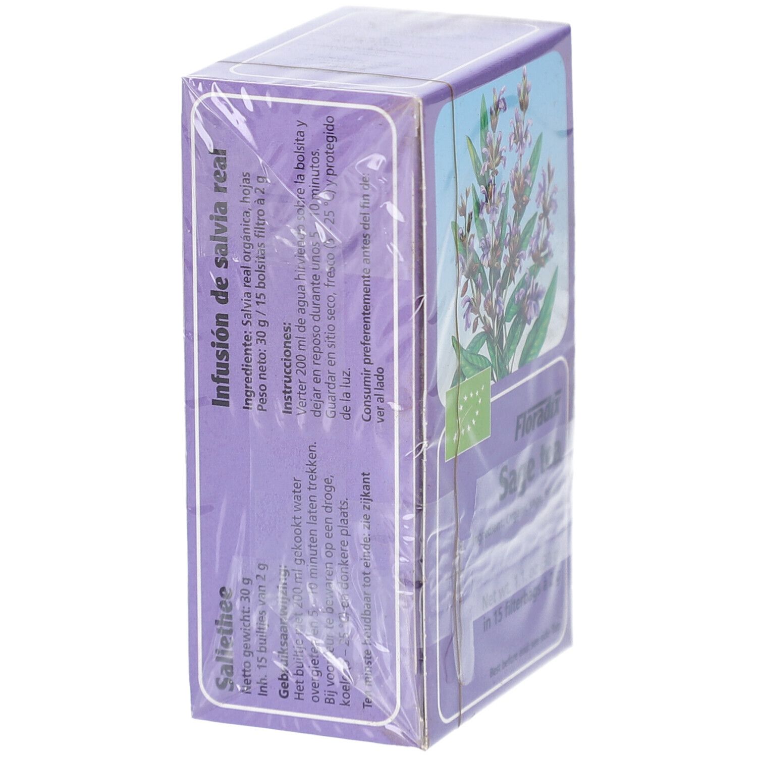 Vue latérale de la boîte SALUS TIS SAUGE SACH 15. Texte et label bio. Emballée. Date de péremption.